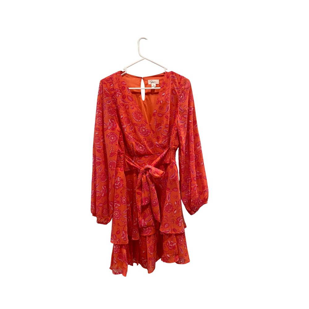 Joie Orange Pink Floral Print Wrap Ruffle Tiered Long Sleeve Dress‎ Size Large